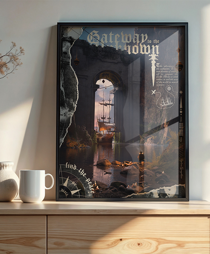 Poster déco murale fantastique Poster Gateway to the unknown encadré dans un salon moderne