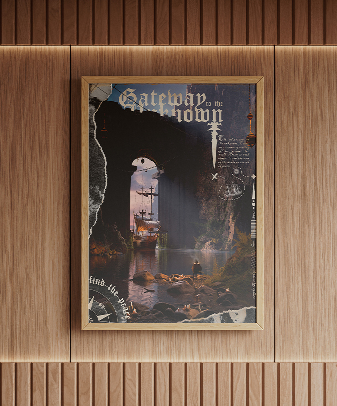 Poster Gateway to the unknown - encadré sur un mur en bois Poster Gateway to the unknown – Affiche artistique cinéma, design encadré au mur