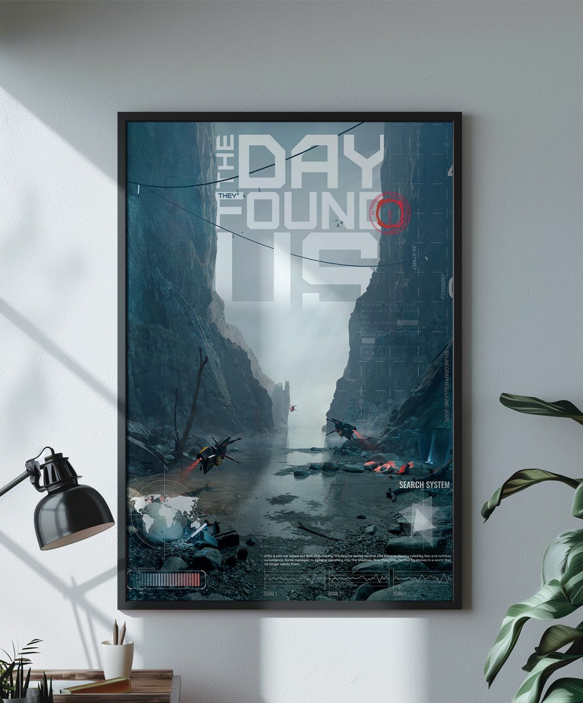 Poster déco murale science-fiction Poster The day they found us encadré dans un chambre moderne